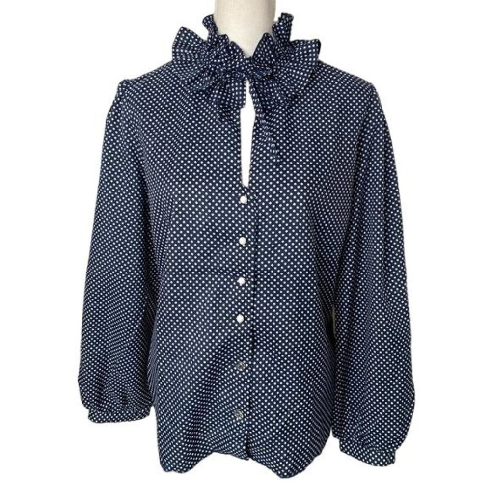 Vintage 80’s Neiman-Marcus ladies twee collar Navy Blue polka dot size Large